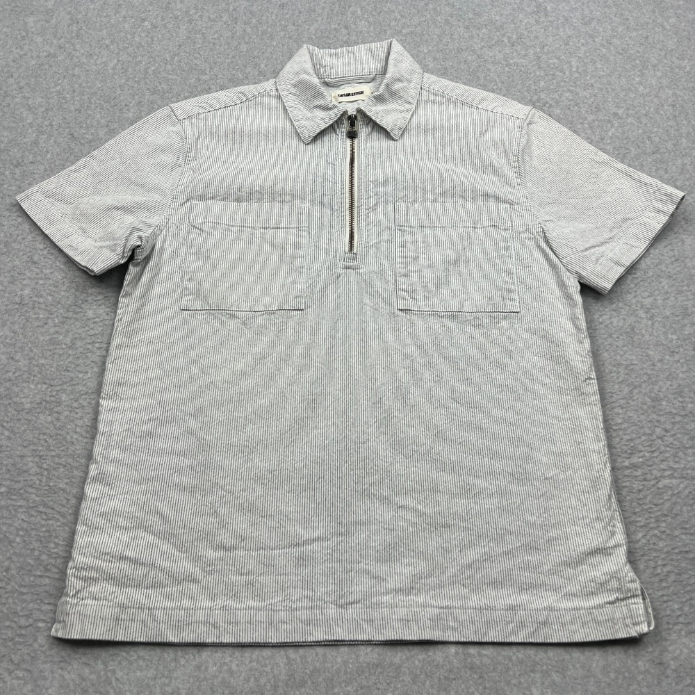 Taylor Stitch The Exhaust Shirt Men's 38‎ Natural Stripe Organic Cotton 1/4 Zip